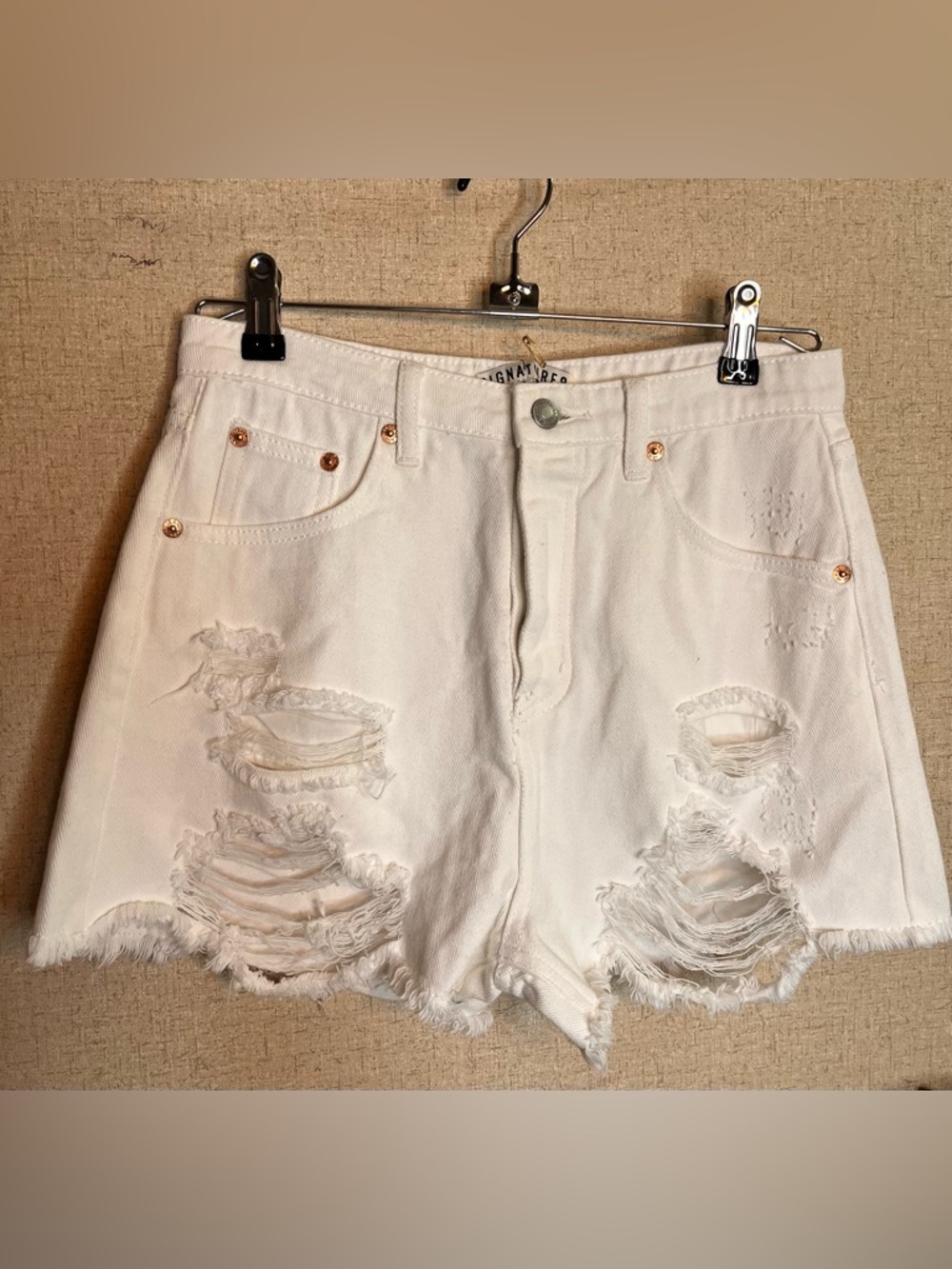 Signature8 White Distressed High-Rise Denim Shorts